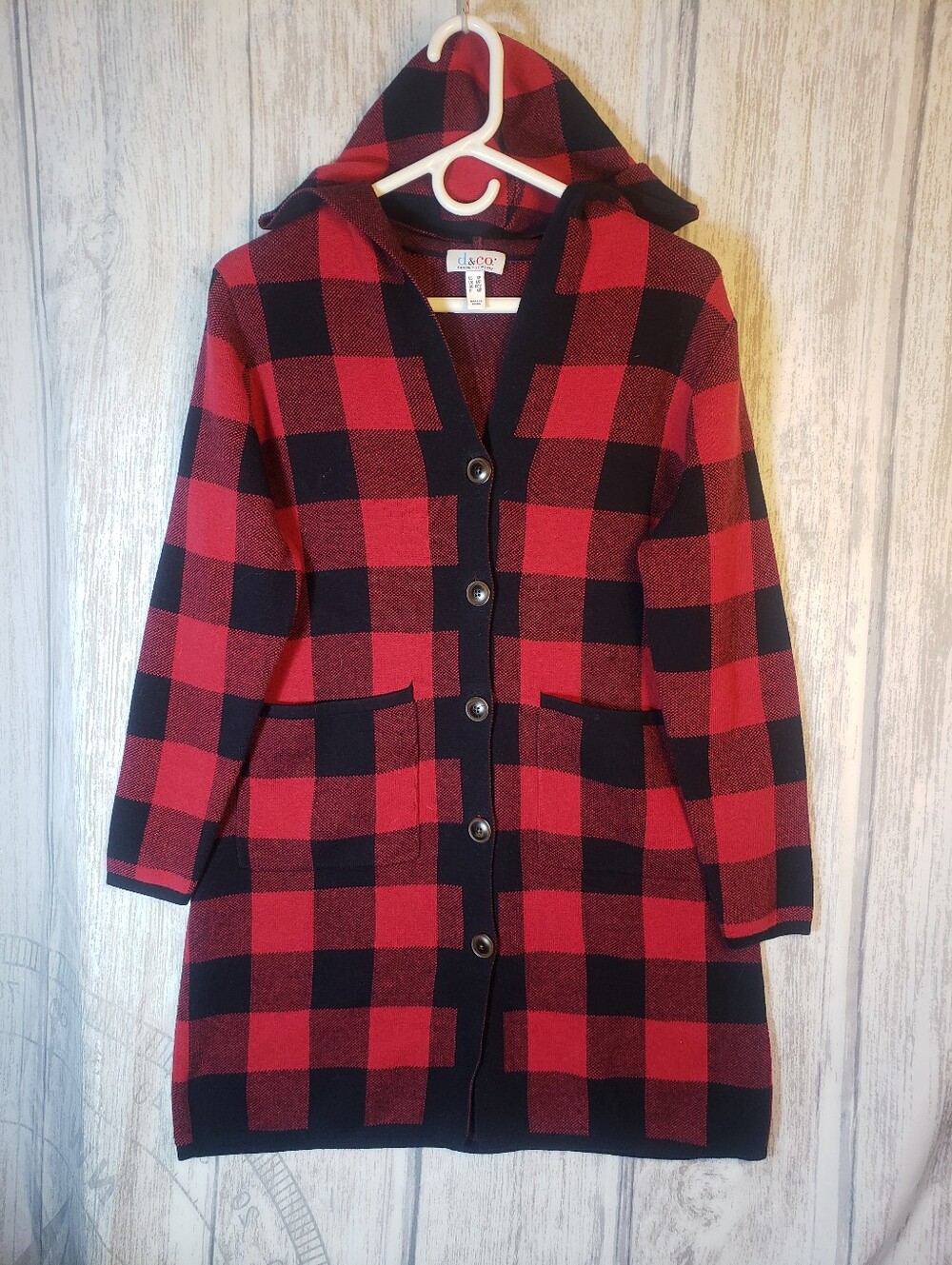 Denim & Co. Red & Black buffalo plaid Button Hooded Cardigan Size Petite Small
